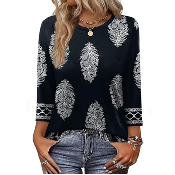 OFEEFAN Női ing hét ujjas, poliészter, kerek nyak, pulóver-stílus, print