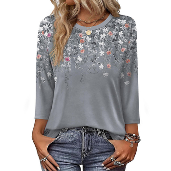 OFEEFAN Női ing hét ujjas, poliészter, kerek nyak, pulóver-stílus, print