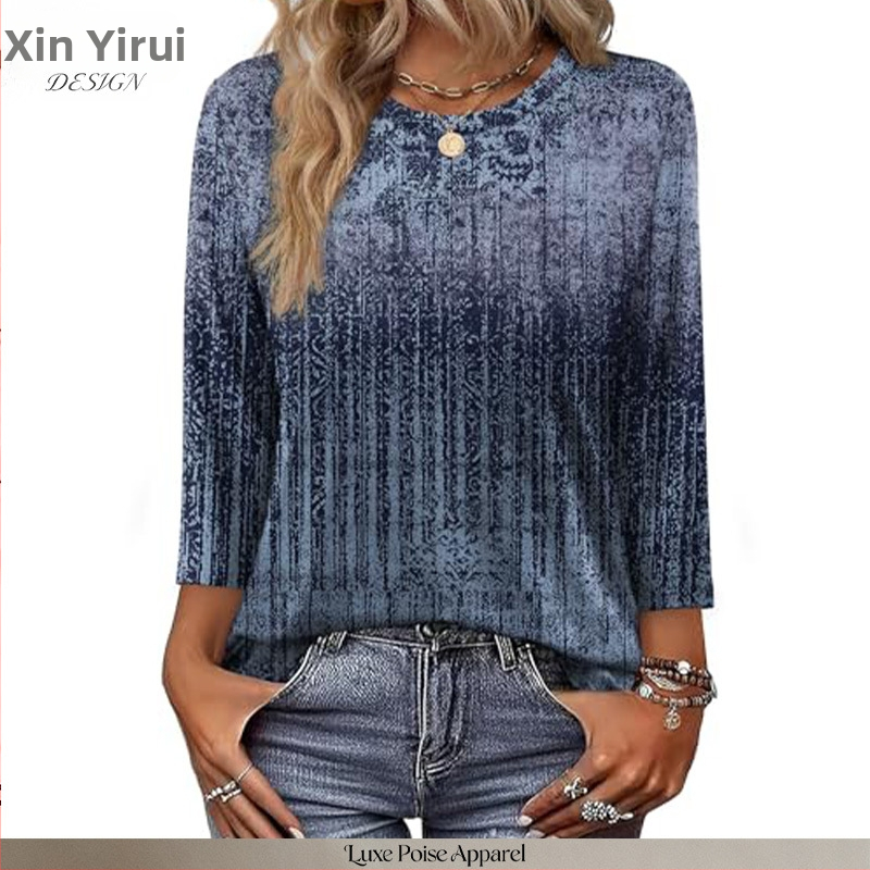 OFEEFAN Női ing hét ujjas, poliészter, kerek nyak, pulóver-stílus, print