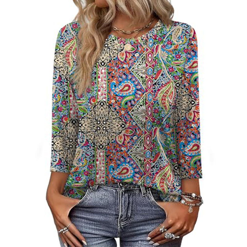 OFEEFAN Női ing hét ujjas, poliészter, kerek nyak, pulóver-stílus, print