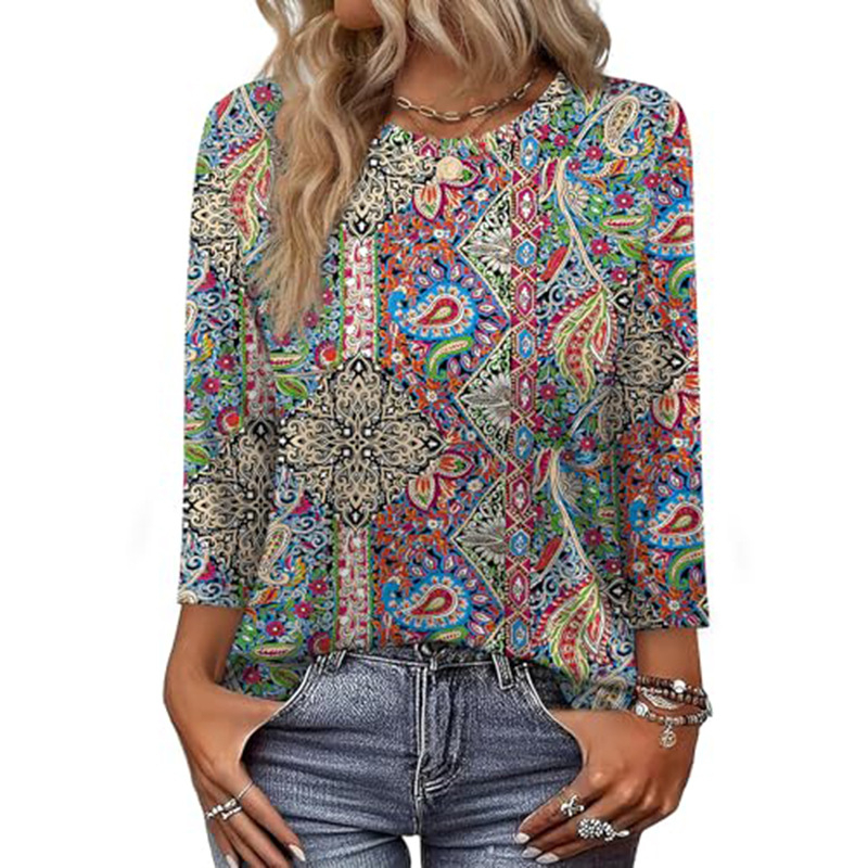 OFEEFAN Női ing hét ujjas, poliészter, kerek nyak, pulóver-stílus, print