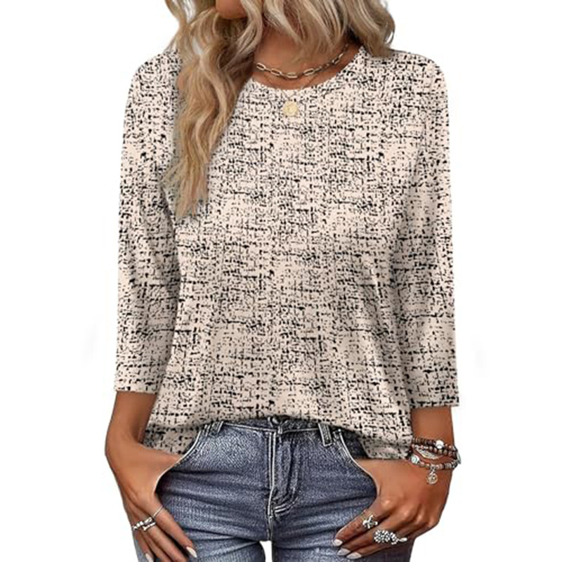 OFEEFAN Női ing hét ujjas, poliészter, kerek nyak, pulóver-stílus, print