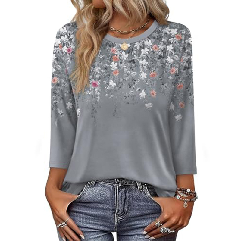 OFEEFAN Női ing hét ujjas, poliészter, kerek nyak, pulóver-stílus, print