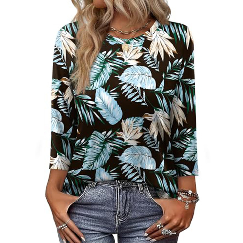 OFEEFAN Női ing hét ujjas, poliészter, kerek nyak, pulóver-stílus, print
