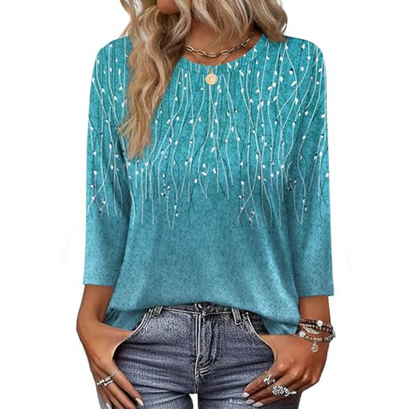 OFEEFAN Női ing hét ujjas, poliészter, kerek nyak, pulóver-stílus, print