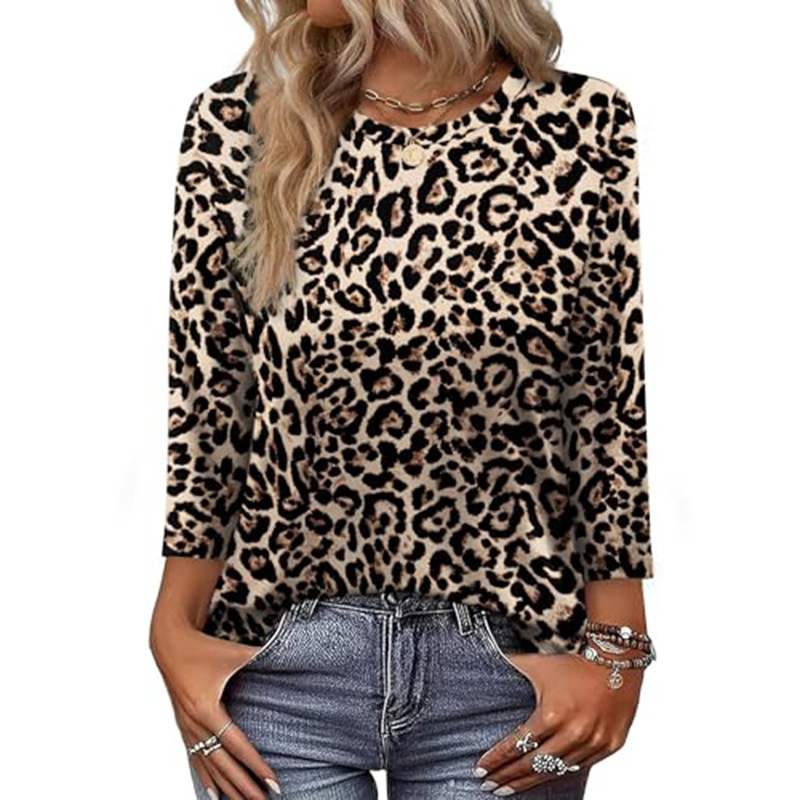 OFEEFAN Női ing hét ujjas, poliészter, kerek nyak, pulóver-stílus, print