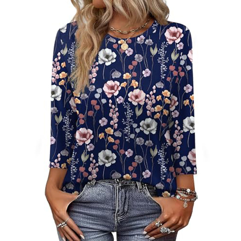 OFEEFAN Női ing hét ujjas, poliészter, kerek nyak, pulóver-stílus, print