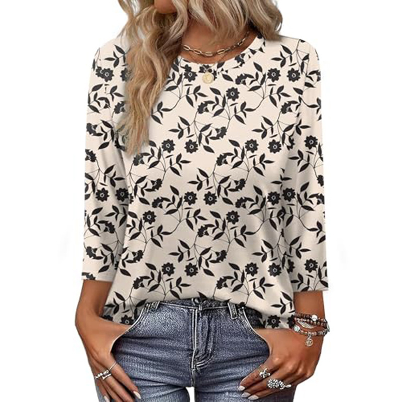 OFEEFAN Női ing hét ujjas, poliészter, kerek nyak, pulóver-stílus, print