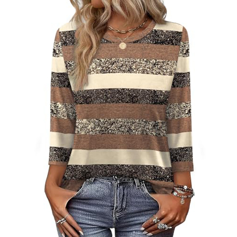 OFEEFAN Női ing hét ujjas, poliészter, kerek nyak, pulóver-stílus, print