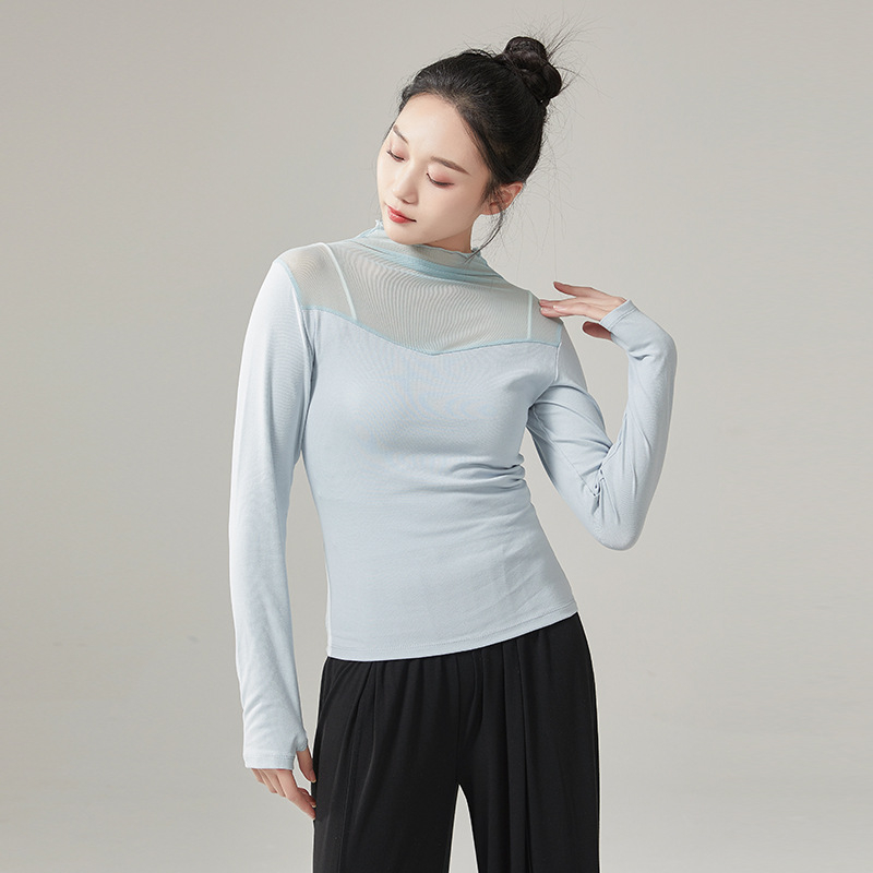Tricou balet cu mâneci lungi, pentru antrenament, plasă, guler înalt, croială slim, 95% bumbac