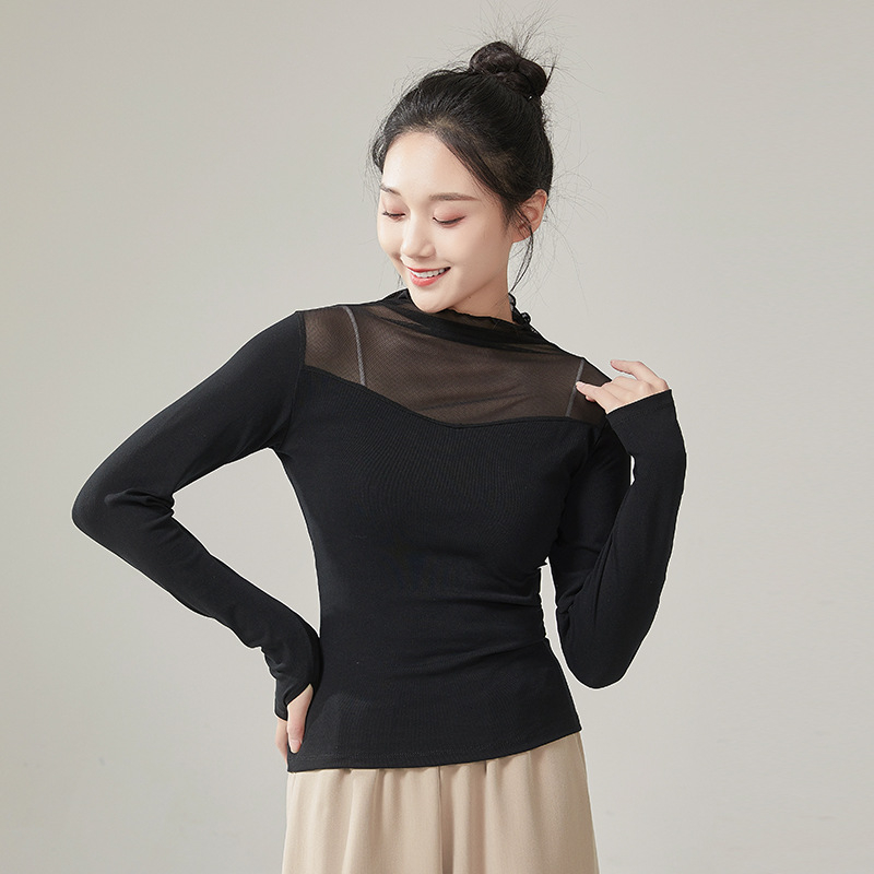 Tricou balet cu mâneci lungi, pentru antrenament, plasă, guler înalt, croială slim, 95% bumbac