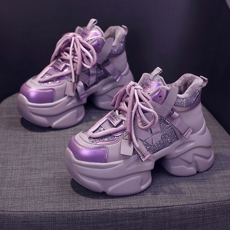 Adidași femei în stil dad sneakers, partea superioară din raffia, căptușeală din pluș artificial, talpă din cauciuc, model color-block, șireturi, talpă rocking, iarna 2023