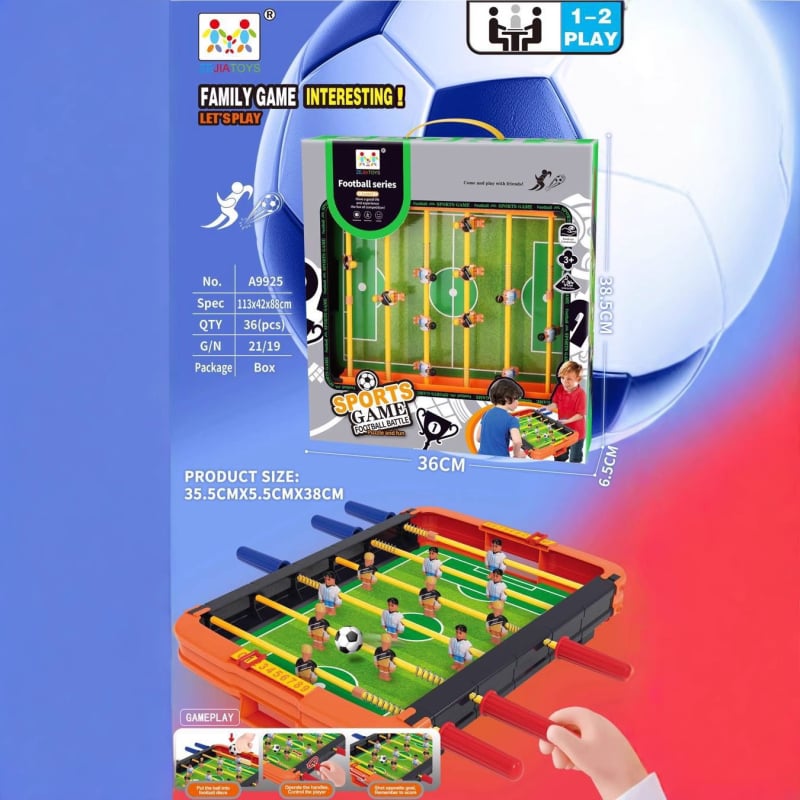 Joc de fotbal pe masă pentru copii cu acțiune catapultă; construcție din plastic; vârsta 4–14 ani; origine Guangdong; ambalaj: cutie colorată.