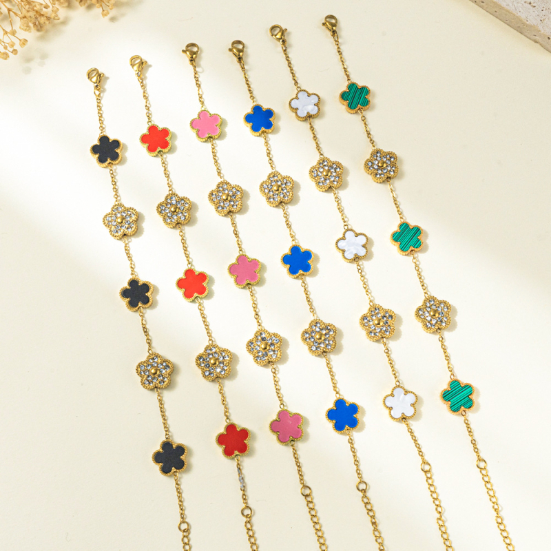 Brățară cu diamant încrustat, motiv floral cinci foi, din oțel-titan, stil feminin lux-lejer, model yy0026, primăvara 2025