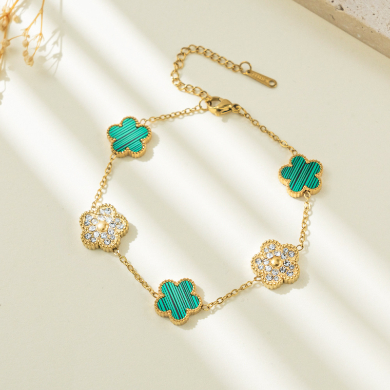 Brățară cu diamant încrustat, motiv floral cinci foi, din oțel-titan, stil feminin lux-lejer, model yy0026, primăvara 2025