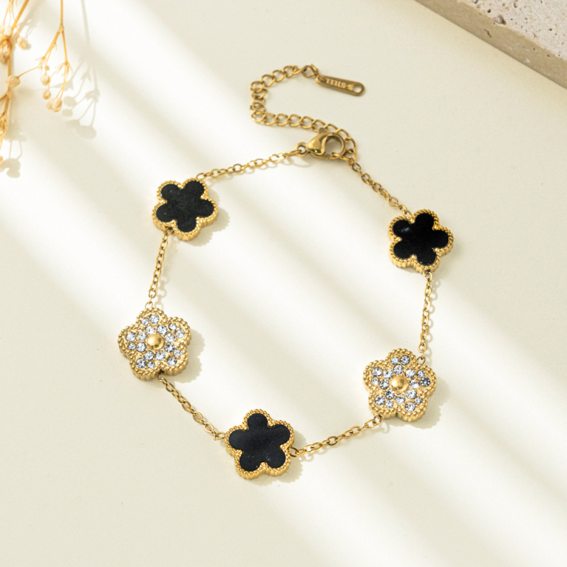 Brățară cu diamant încrustat, motiv floral cinci foi, din oțel-titan, stil feminin lux-lejer, model yy0026, primăvara 2025