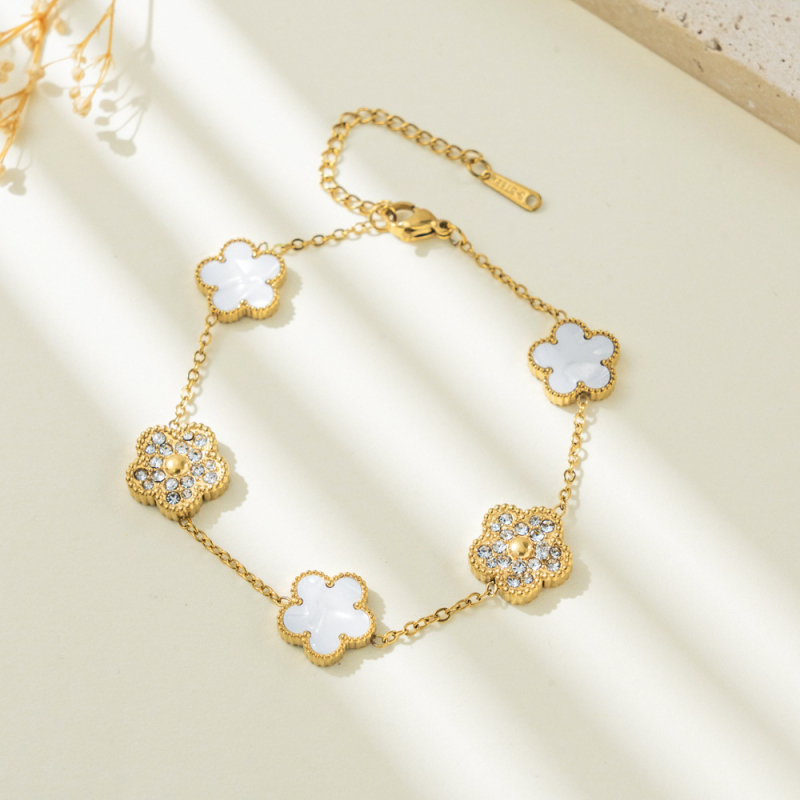 Brățară cu diamant încrustat, motiv floral cinci foi, din oțel-titan, stil feminin lux-lejer, model yy0026, primăvara 2025