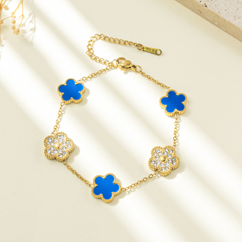 Brățară cu diamant încrustat, motiv floral cinci foi, din oțel-titan, stil feminin lux-lejer, model yy0026, primăvara 2025