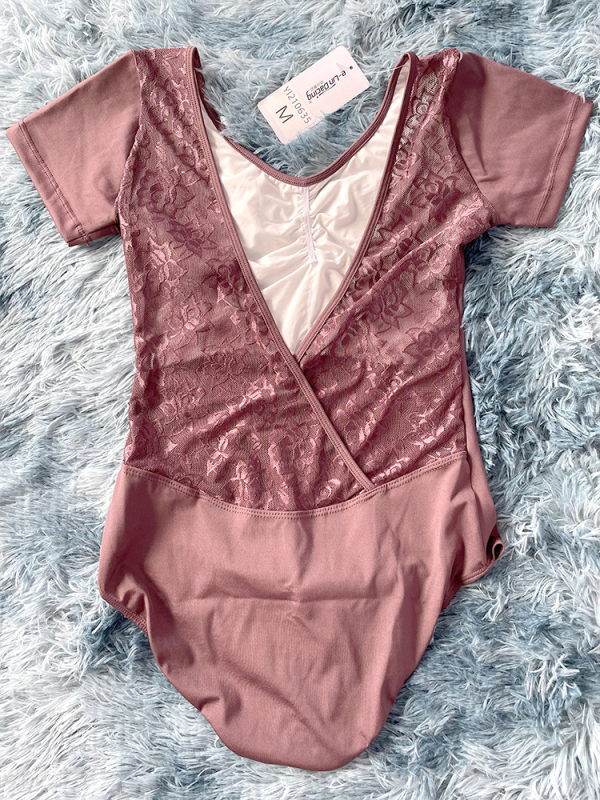 Leotard pentru adulți, pentru balet și dans, dintr-o piesă, cu spate dantelat, mâneci scurte, material Spandex