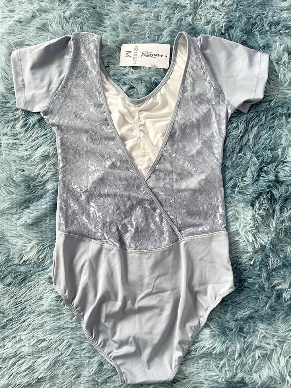 Leotard pentru adulți, pentru balet și dans, dintr-o piesă, cu spate dantelat, mâneci scurte, material Spandex