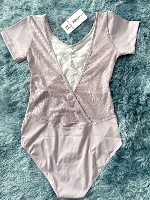 Leotard pentru adulți, pentru balet și dans, dintr-o piesă, cu spate dantelat, mâneci scurte, material Spandex