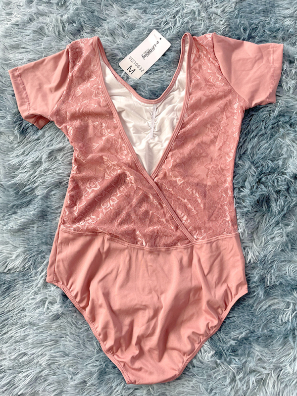 Leotard pentru adulți, pentru balet și dans, dintr-o piesă, cu spate dantelat, mâneci scurte, material Spandex