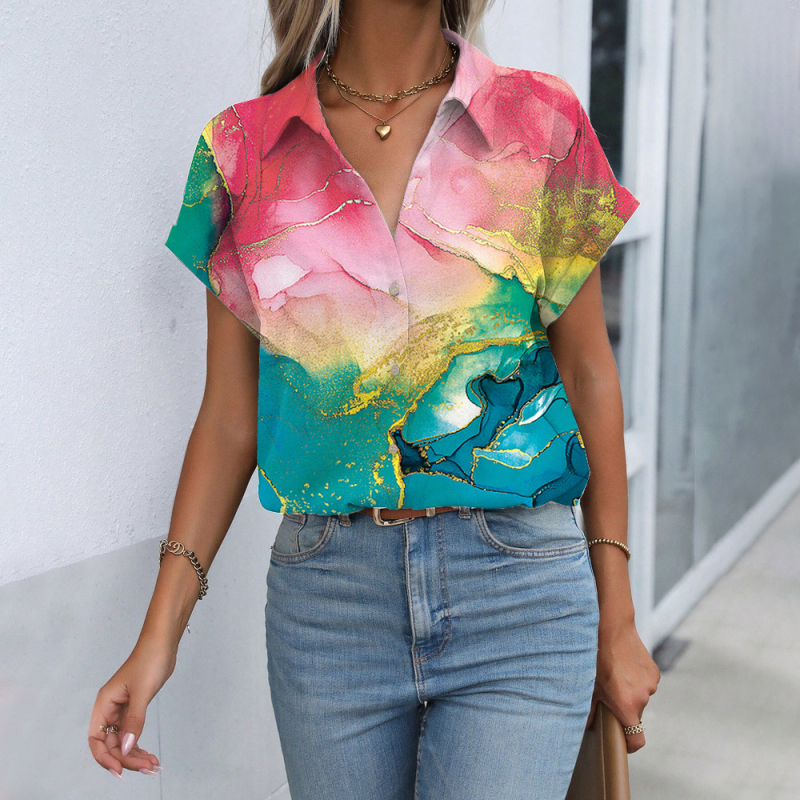 Cămașă cu model 3D imprimat digital, croială lejeră, mâneci scurte, poliester 90–95%