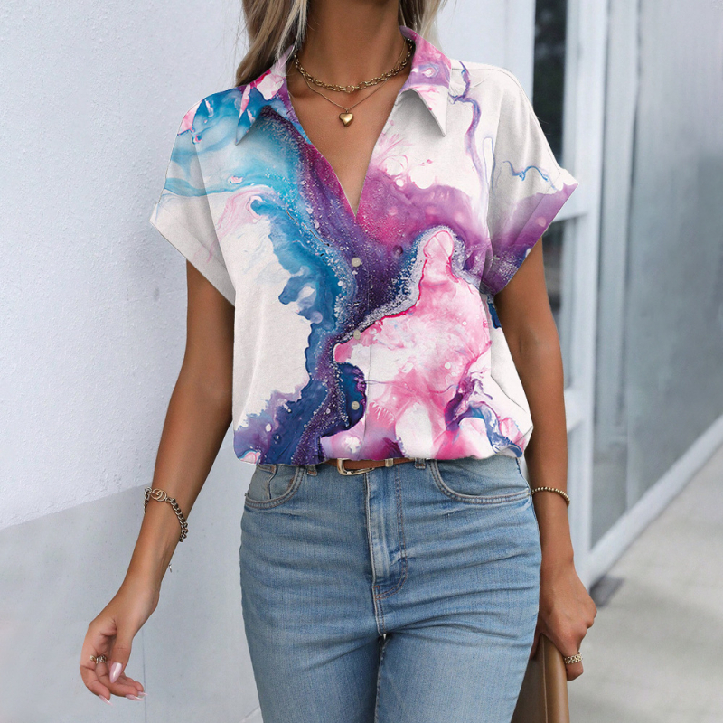 Cămașă cu model 3D imprimat digital, croială lejeră, mâneci scurte, poliester 90–95%