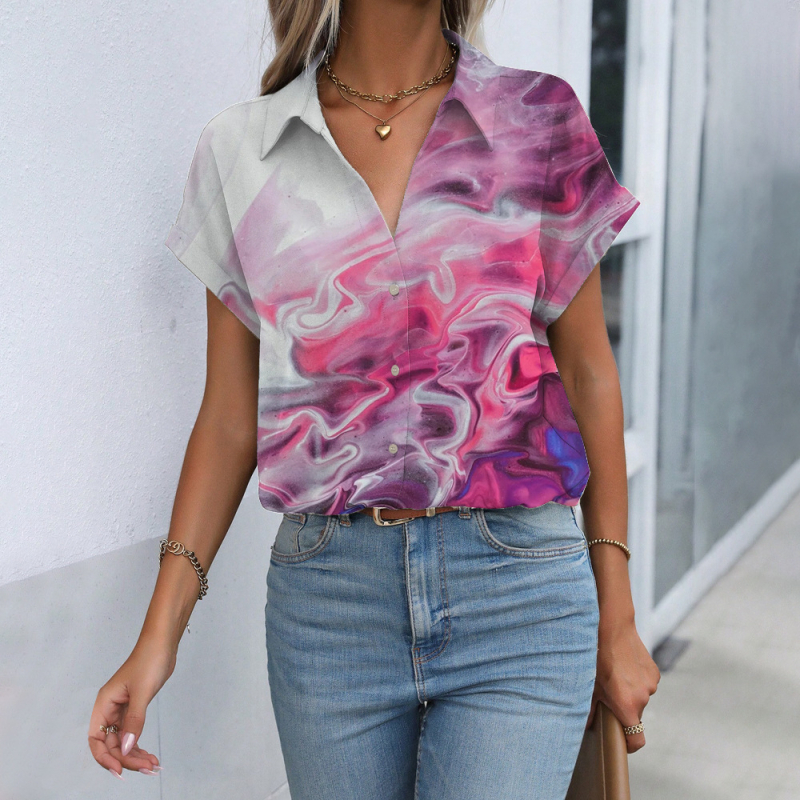 Cămașă cu model 3D imprimat digital, croială lejeră, mâneci scurte, poliester 90–95%