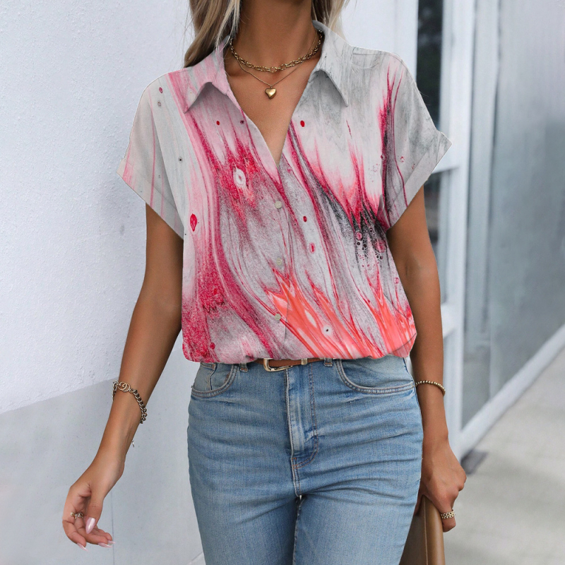 Cămașă cu model 3D imprimat digital, croială lejeră, mâneci scurte, poliester 90–95%