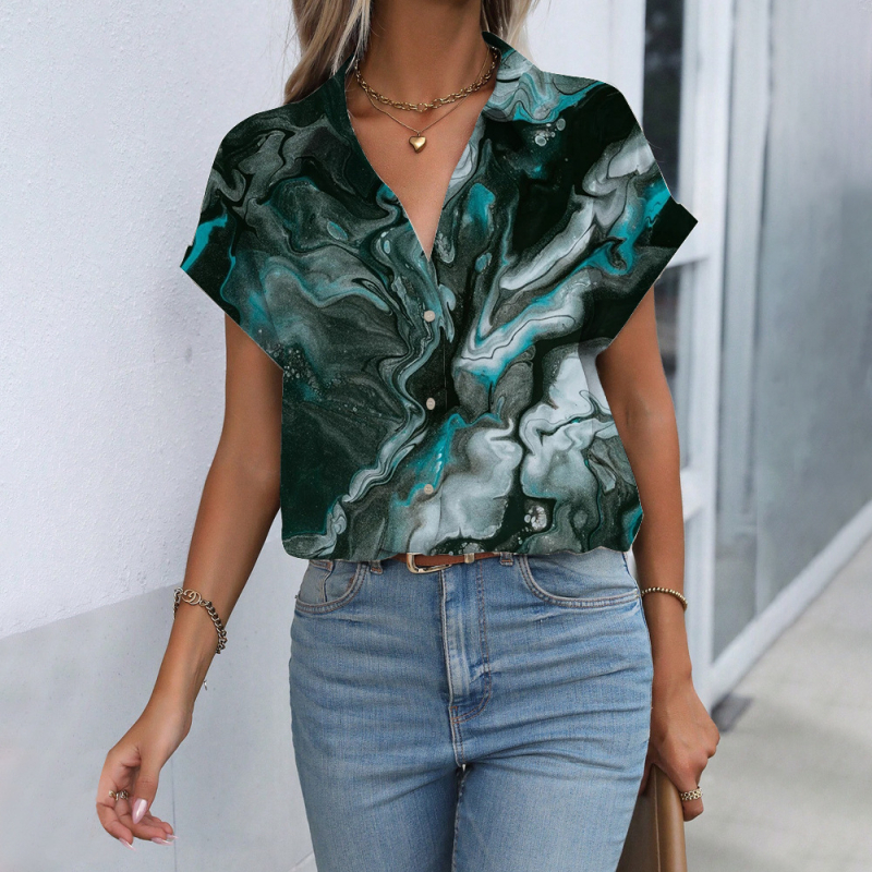 Cămașă cu model 3D imprimat digital, croială lejeră, mâneci scurte, poliester 90–95%