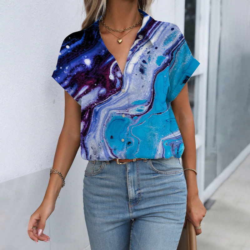 Cămașă cu model 3D imprimat digital, croială lejeră, mâneci scurte, poliester 90–95%