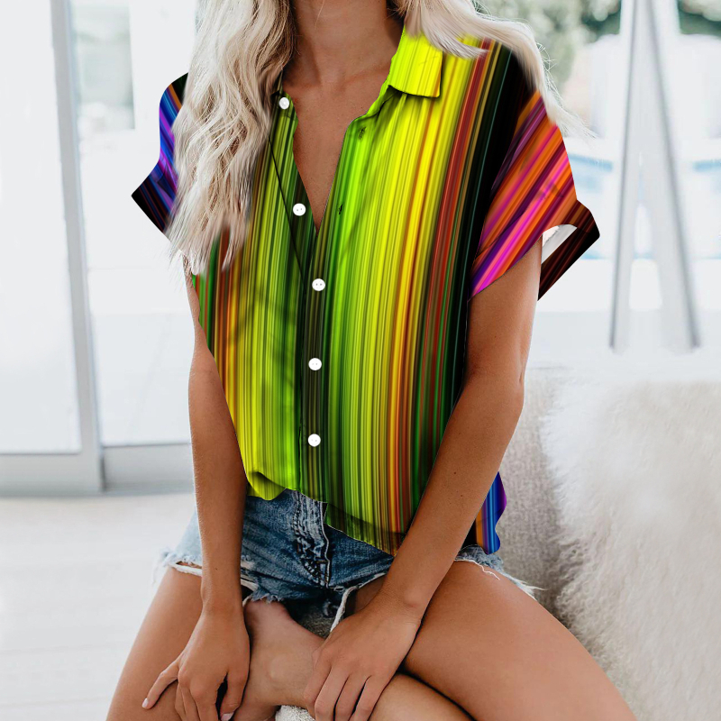 Cămașă pentru femei, imprimeu digital 3D în dungă, poliester, mâneci lungi, croială relaxată