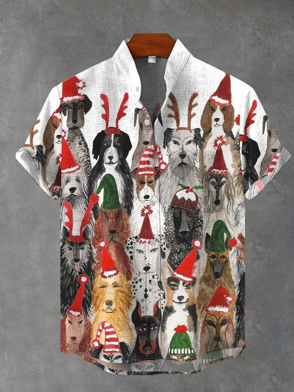 Karácsonyi motívumos ing, poliészter, V-nyakú, rövid ujjú, kardigán stílusú