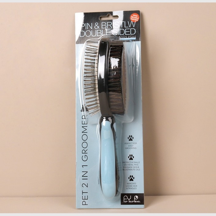 Pieptene dublu pentru animale de companie, peri din păr de porc pentru masaj și îndepărtarea părului, construcție metal/plastic, Green grass