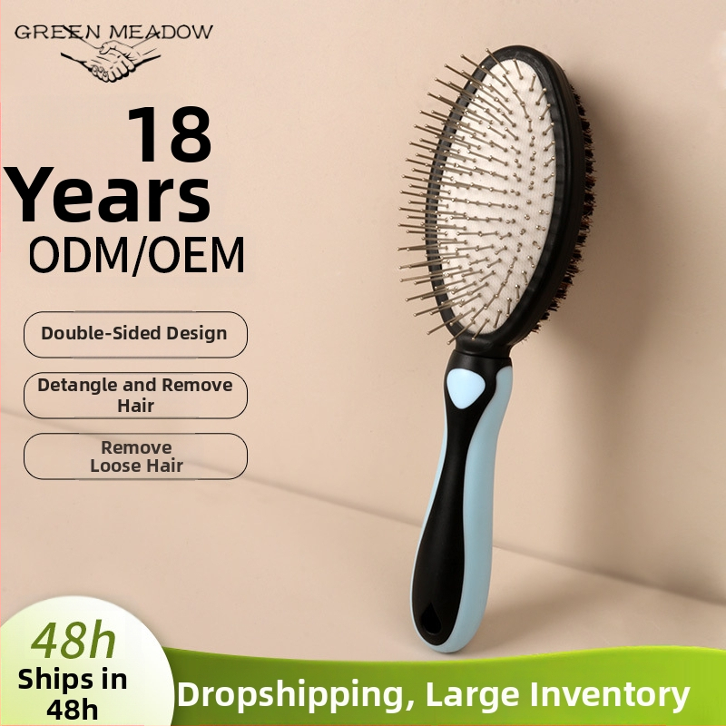 Dvojstranná kefa pre domáce zvieratá s masážnymi štetinami zo svinských štetín, odstraňuje chlpy, kov/plast, Green grass