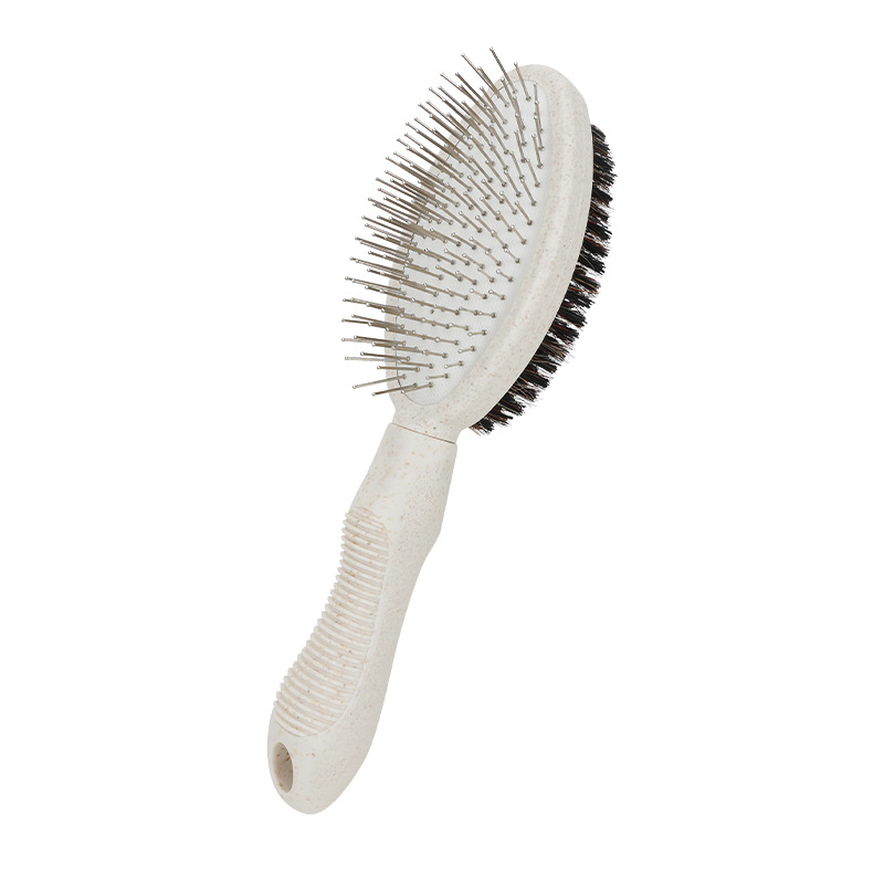 Pieptene dublu pentru animale de companie, peri din păr de porc pentru masaj și îndepărtarea părului, construcție metal/plastic, Green grass