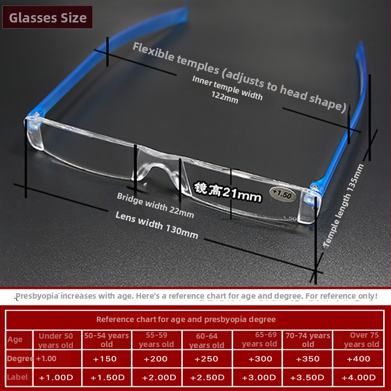 Bezokvirne naočale za čitanje, lagane, s integriranim držačem za olovku, leće i okvir od polikarbonata, universalno