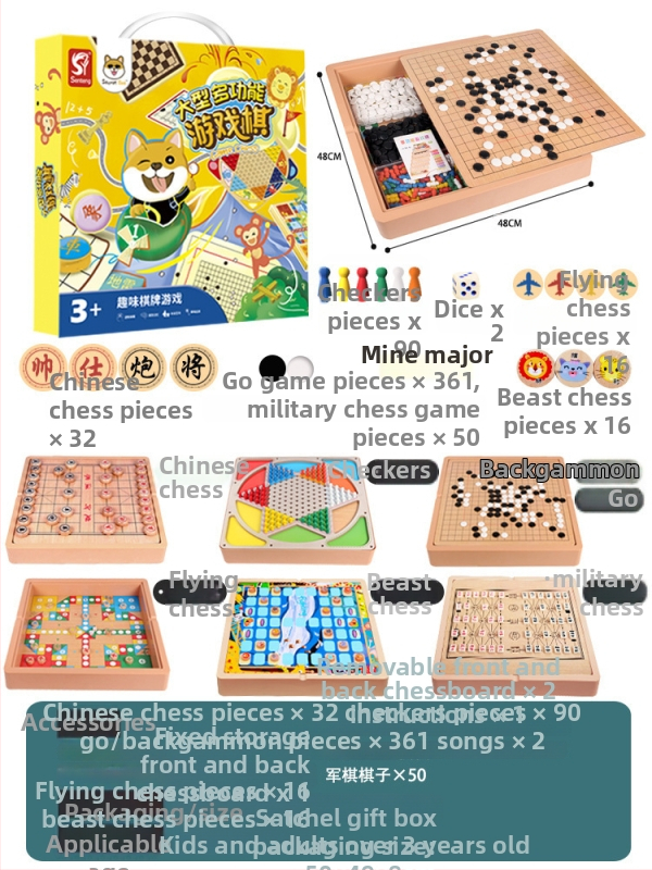 Set din lemn pentru copii, cu mai multe jocuri: șah, damă, șah zbor și backgammon