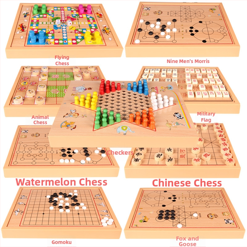 Set din lemn pentru copii, cu mai multe jocuri: șah, damă, șah zbor și backgammon