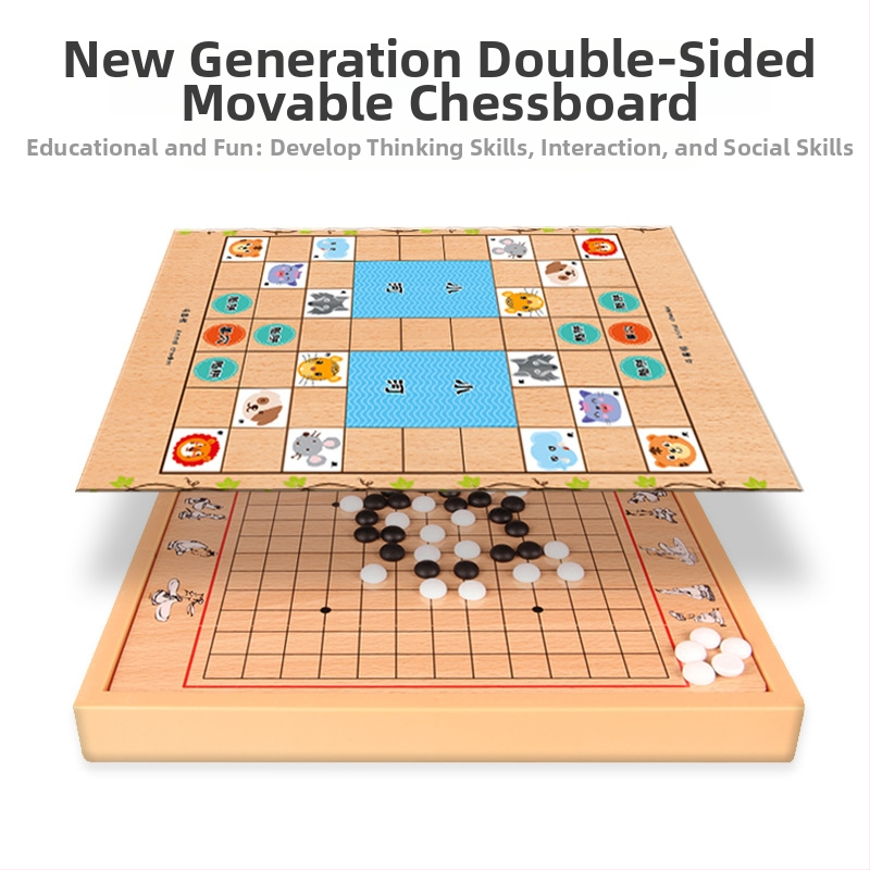 Set din lemn pentru copii, cu mai multe jocuri: șah, damă, șah zbor și backgammon