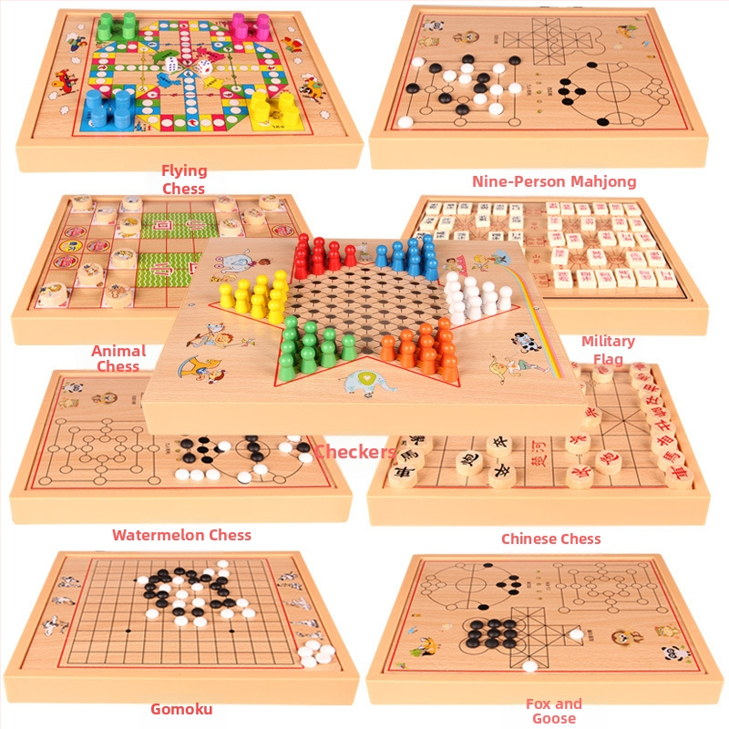 Set din lemn pentru copii, cu mai multe jocuri: șah, damă, șah zbor și backgammon