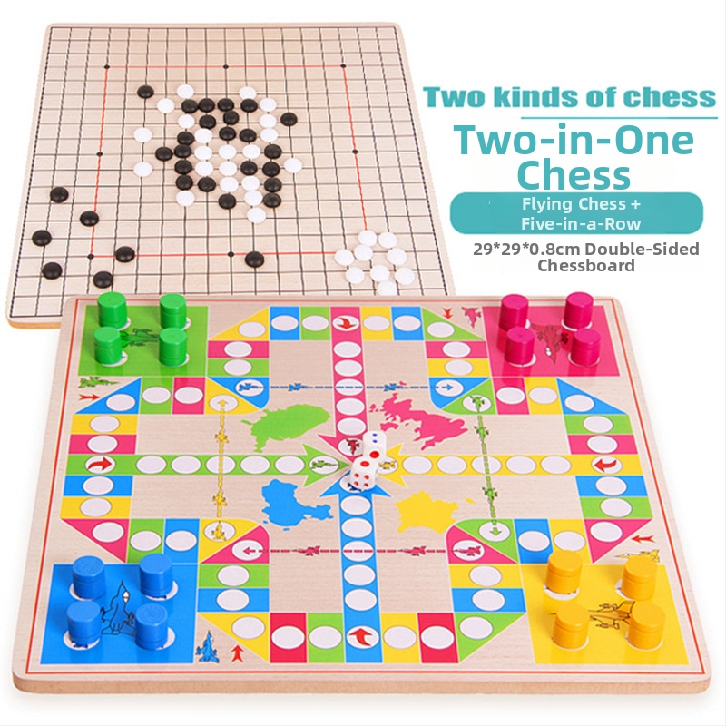 Set din lemn pentru copii, cu mai multe jocuri: șah, damă, șah zbor și backgammon