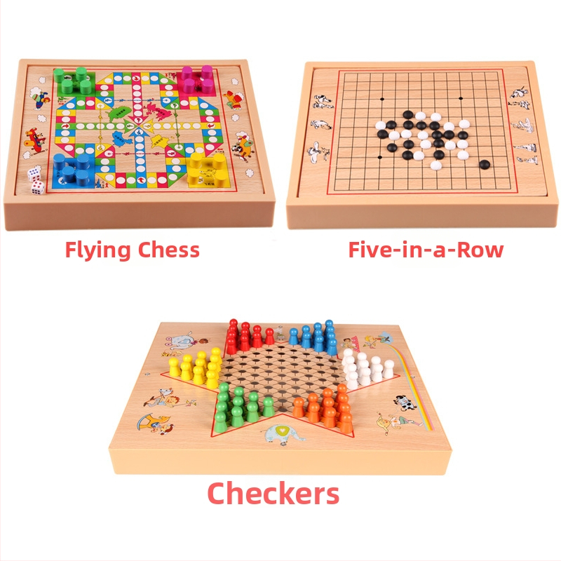 Set din lemn pentru copii, cu mai multe jocuri: șah, damă, șah zbor și backgammon