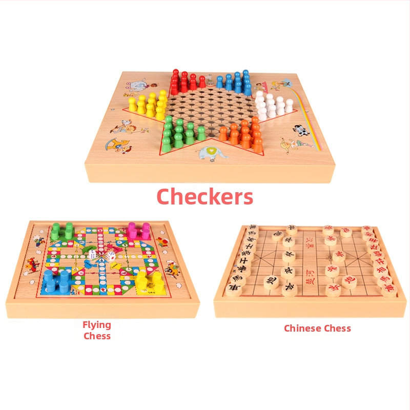 Set din lemn pentru copii, cu mai multe jocuri: șah, damă, șah zbor și backgammon