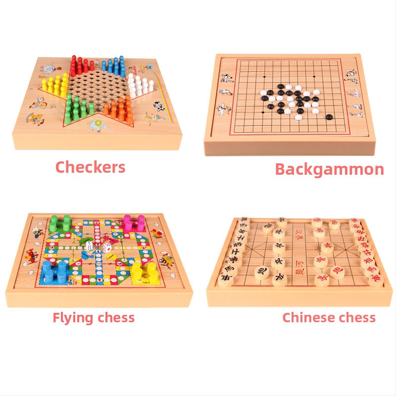 Set din lemn pentru copii, cu mai multe jocuri: șah, damă, șah zbor și backgammon