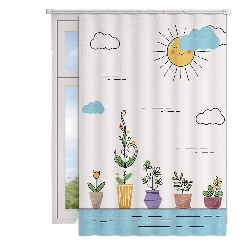 Perdea de fereastră pentru baie – țesătură velur, model floral desen animat, stil simplu.