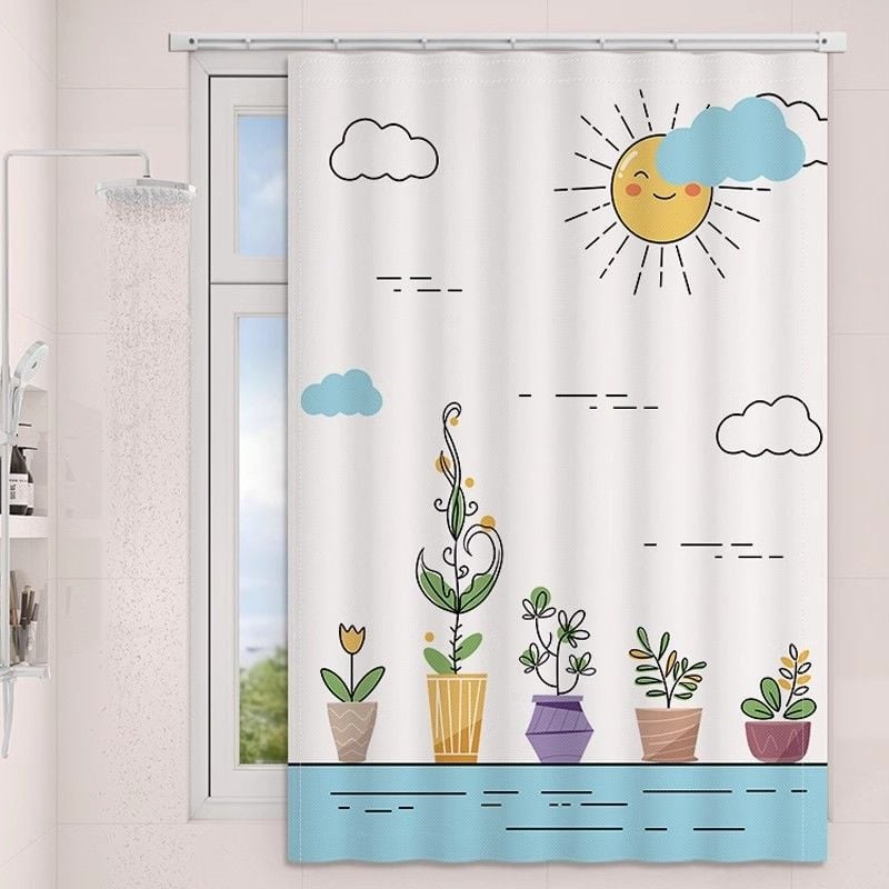 Perdea de fereastră pentru baie – țesătură velur, model floral desen animat, stil simplu.