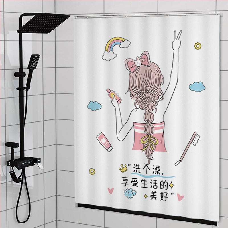 Perdea de fereastră pentru baie – țesătură velur, model floral desen animat, stil simplu.