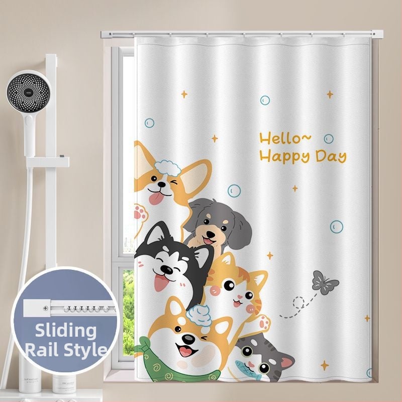 Perdea de fereastră pentru baie – țesătură velur, model floral desen animat, stil simplu.